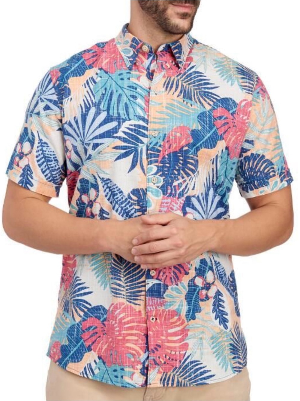 Men's IZOD Saltwater Tropical Print Short Sleeve Shirt in Blue & Coral
